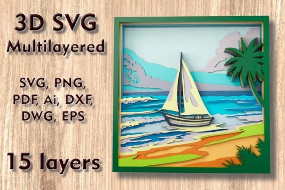Beach Scene 3D SVG: Laser Cutting for Wall Decor