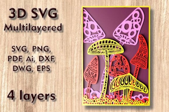 Mushrooms 3D SVG: Laser Cutting Wall Decor