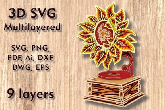 Sunflower Gramophone 3D SVG for Laser Cutting Wall Decor