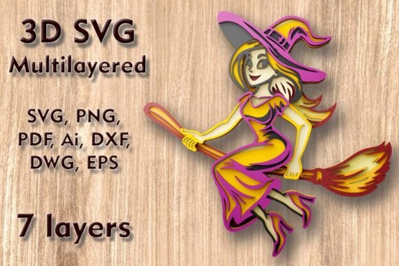 Witch on Broomstick 3D SVG for Autumn Halloween Laser Cutting